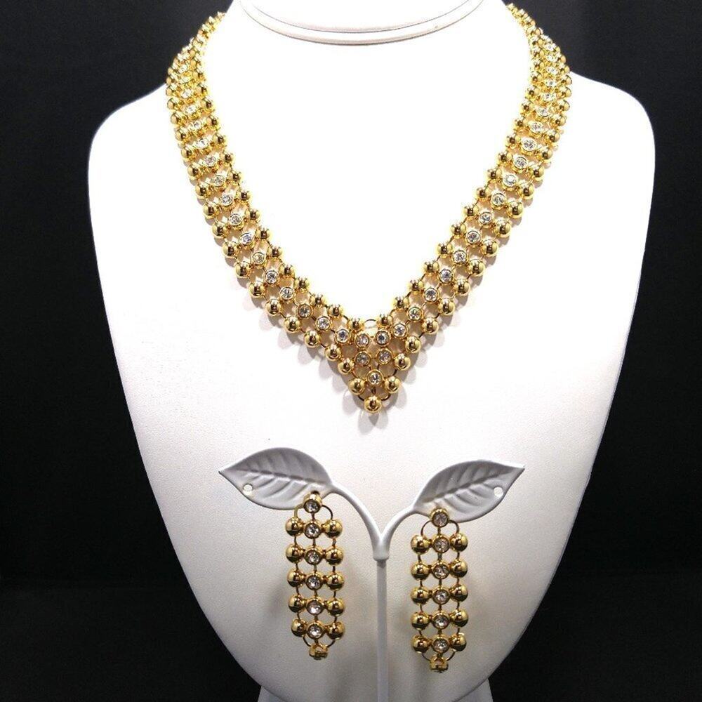 Rhinestone Choker Necklace Post Earrings Set, Light Weight Gold Tone, 18 Inches
